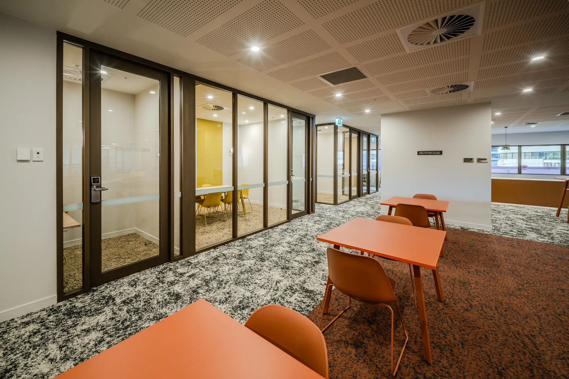 Aluminium-framed glazed study rooms at 41 George Street