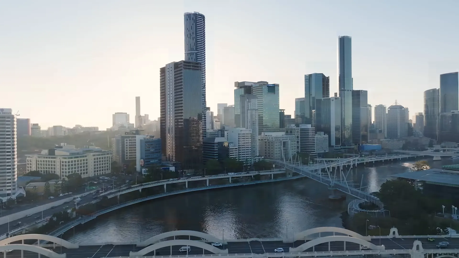 Brisbane's CBD and the river from the air at first light